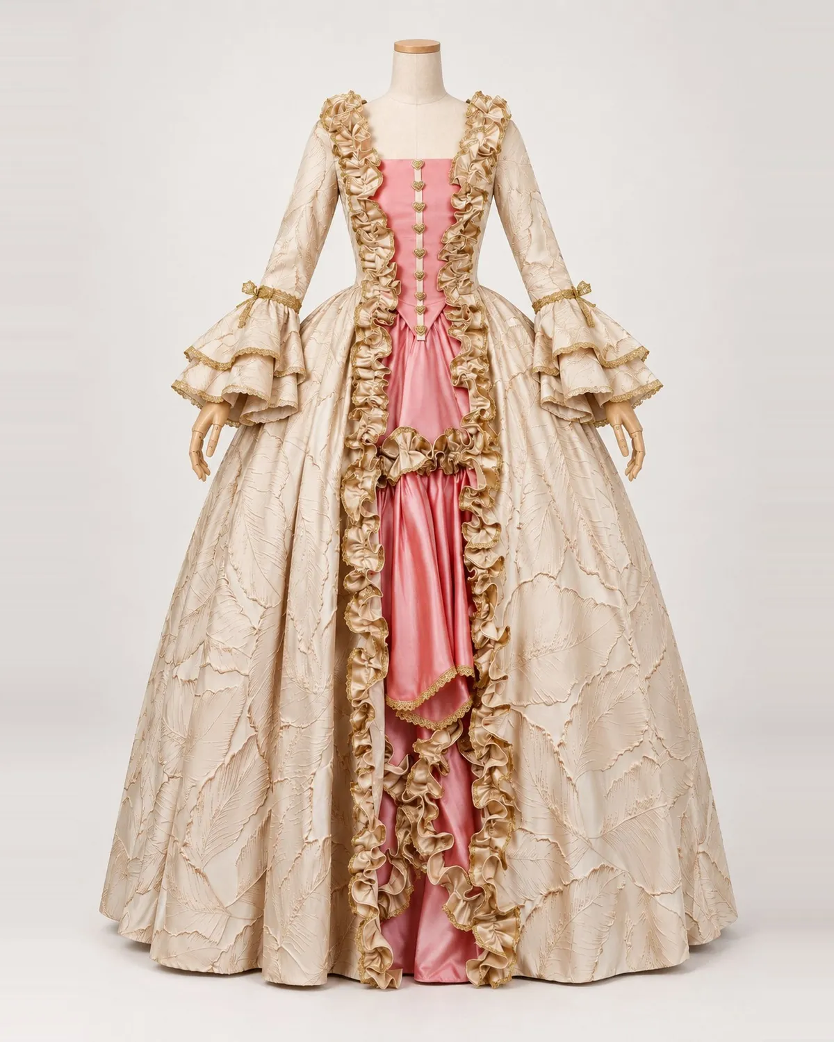 Cœur de Corail — Champagne Leaf-Pattern Gown with Coral Pink Inset — shown on a mannequin, front product view