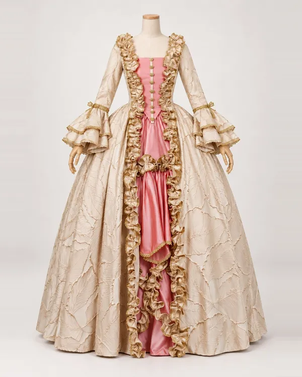 Cœur de Corail — Champagne Leaf-Pattern Gown with Coral Pink Inset