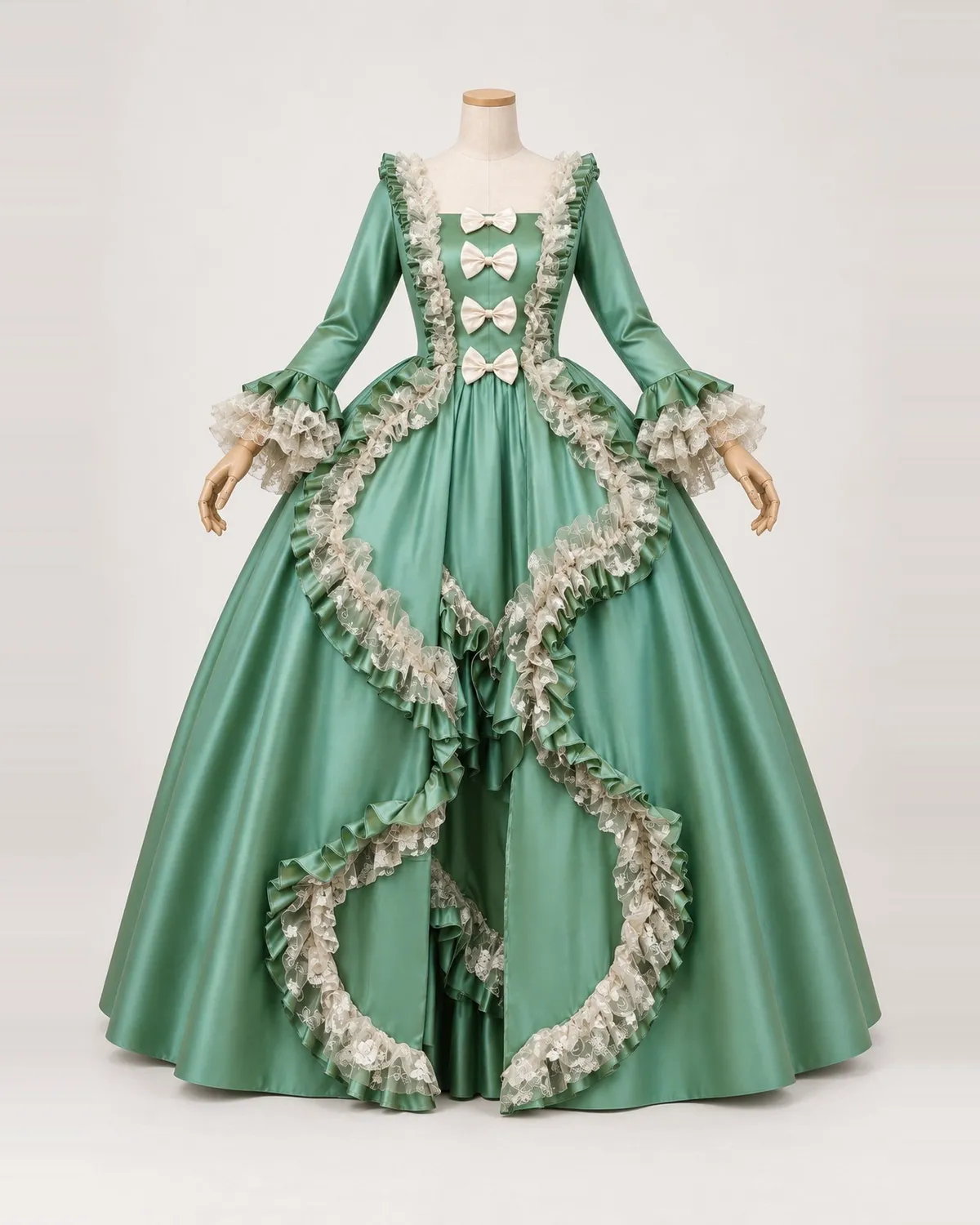 Jardin de Sauge sage green gown with ivory garland trim on a mannequin, front product view