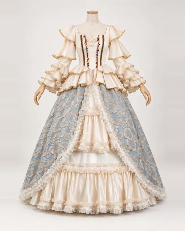 Caprice Pastel — Champagne and Blue Floral Tiered Gown