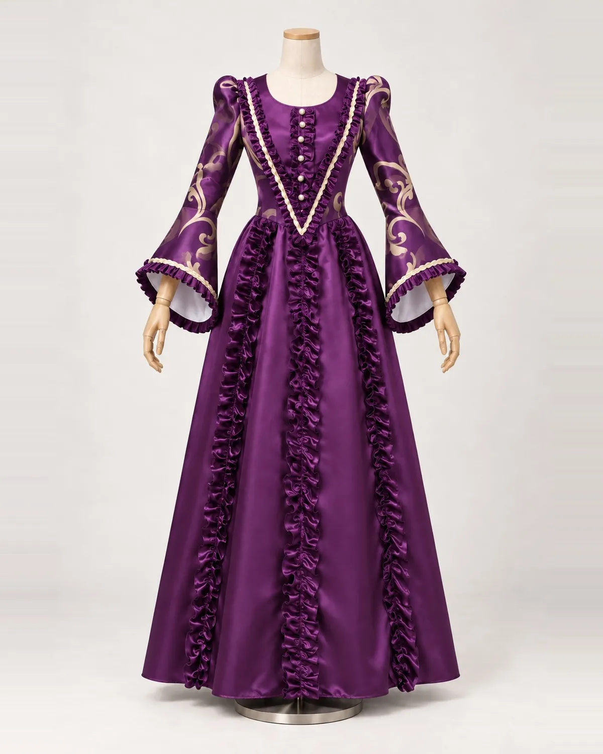 Prune Arabesque — Purple Satin-Look Gown with Gold Scroll Sleeves — shown on a mannequin, front product view