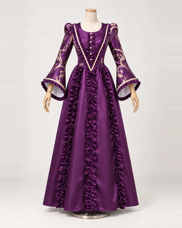Prune Arabesque — Purple Satin-Look Gown with Gold Scroll Sleeves