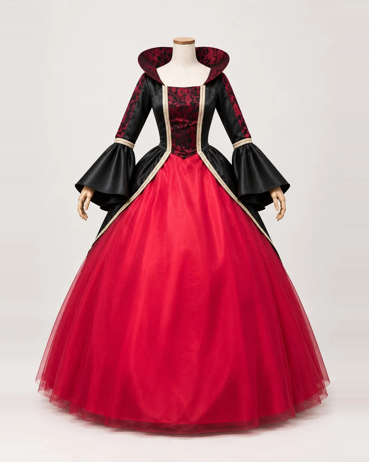 Reine Écarlate — Red and Black Ball Gown with Swept-Up Floral Collar — shown on a mannequin, front product view