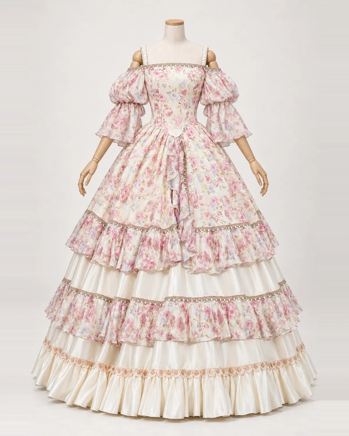 Flore Printanière — Pink Floral and Ivory Tiered Ball Gown — shown on a mannequin, front product view