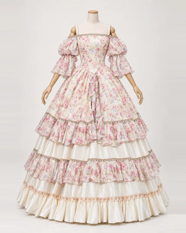 Flore Printanière — Pink Floral and Ivory Tiered Ball Gown