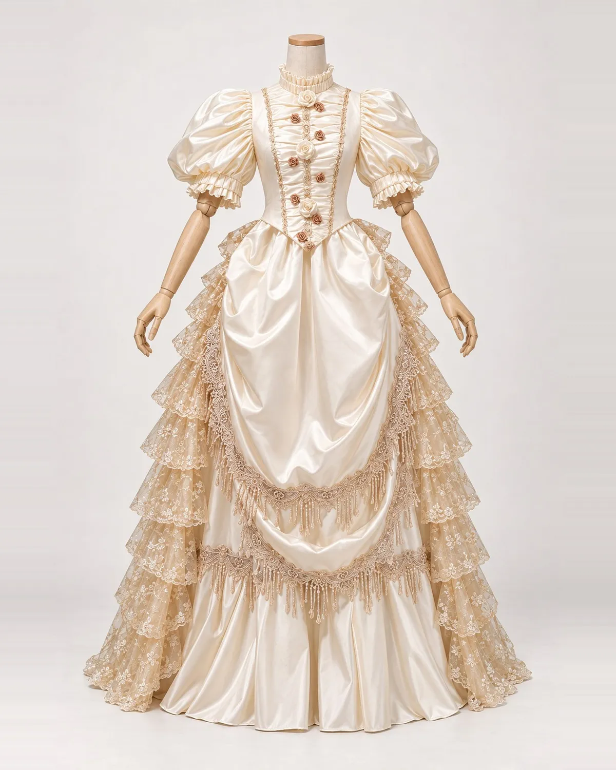 Rosette Vanille — Cream Satin-Look Gown with Rosettes and Lace Tiers — shown on a mannequin, front product view