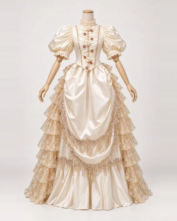 Rosette Vanille — Cream Satin-Look Gown with Rosettes and Lace Tiers