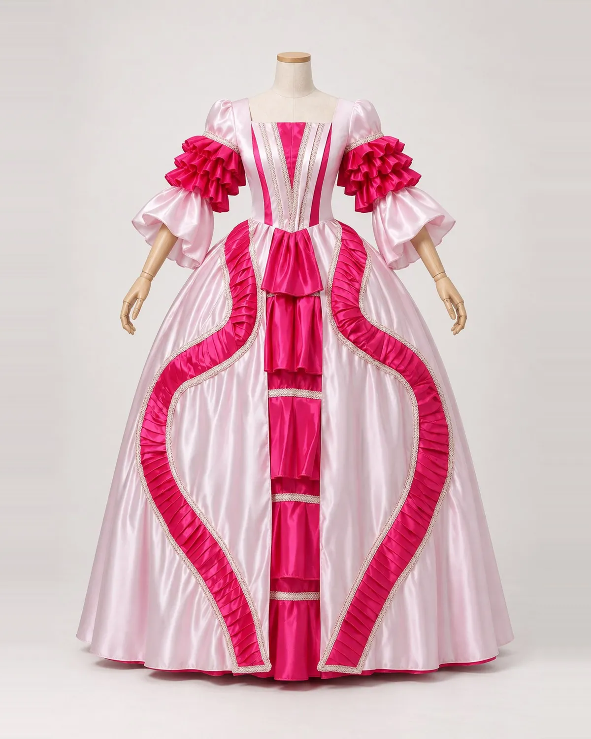 Framboise Courtoise — Pale Pink Gown with Raspberry Ruffles and Tiered Front — shown on a mannequin, front product view
