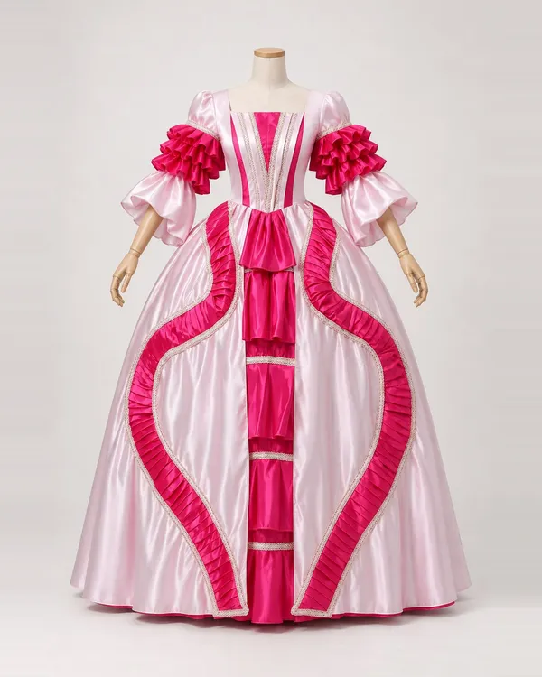 Framboise Courtoise — Pale Pink Gown with Raspberry Ruffles and Tiered Front