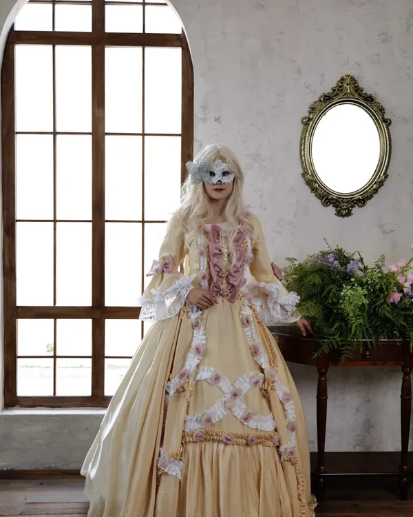 Champagne Sonnet — Champagne Satin Rococo Gown with Jeweled Bows