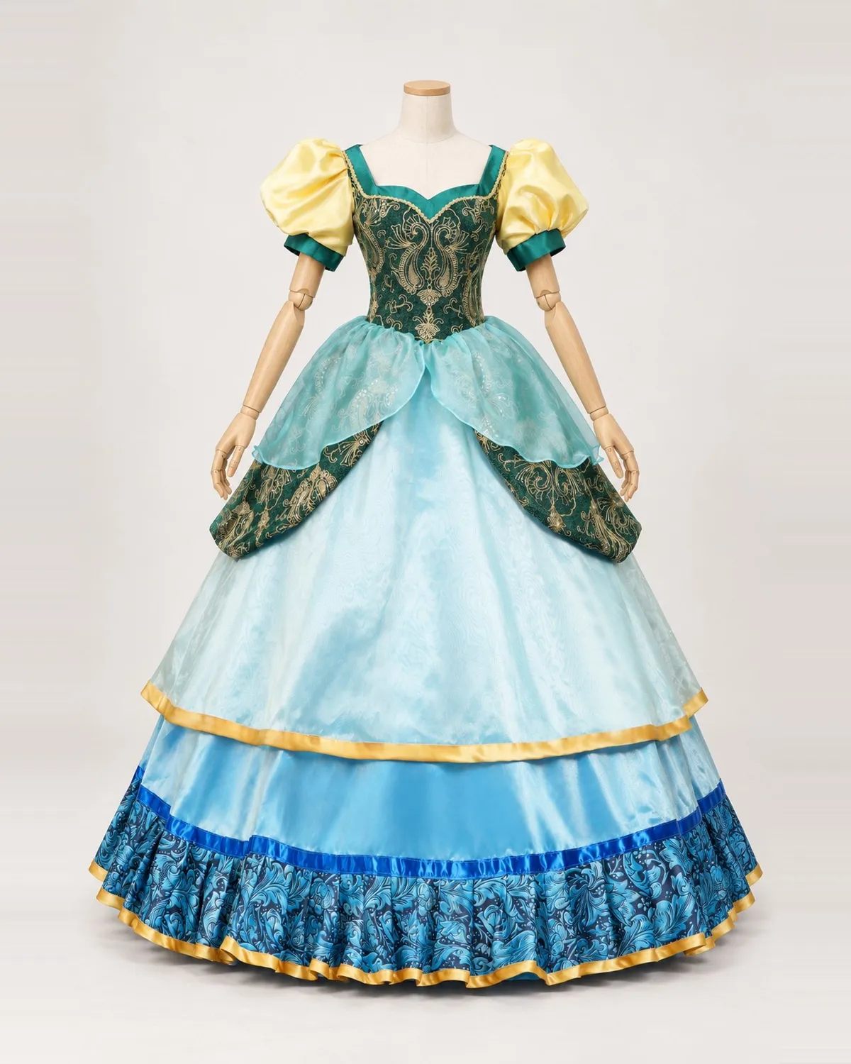 Ondine Solaire — Aqua Layered Ball Gown with Teal and Gold Bodice — shown on a mannequin, front product view