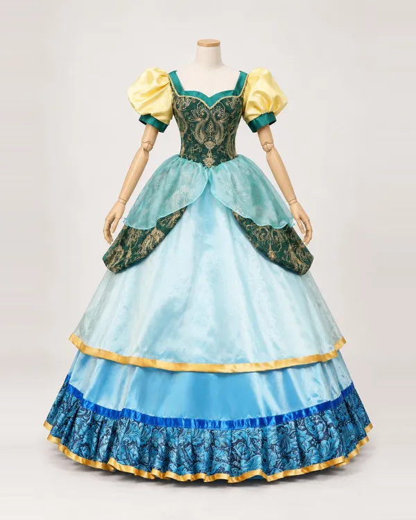 Ondine Solaire — Aqua Layered Ball Gown with Teal and Gold Bodice