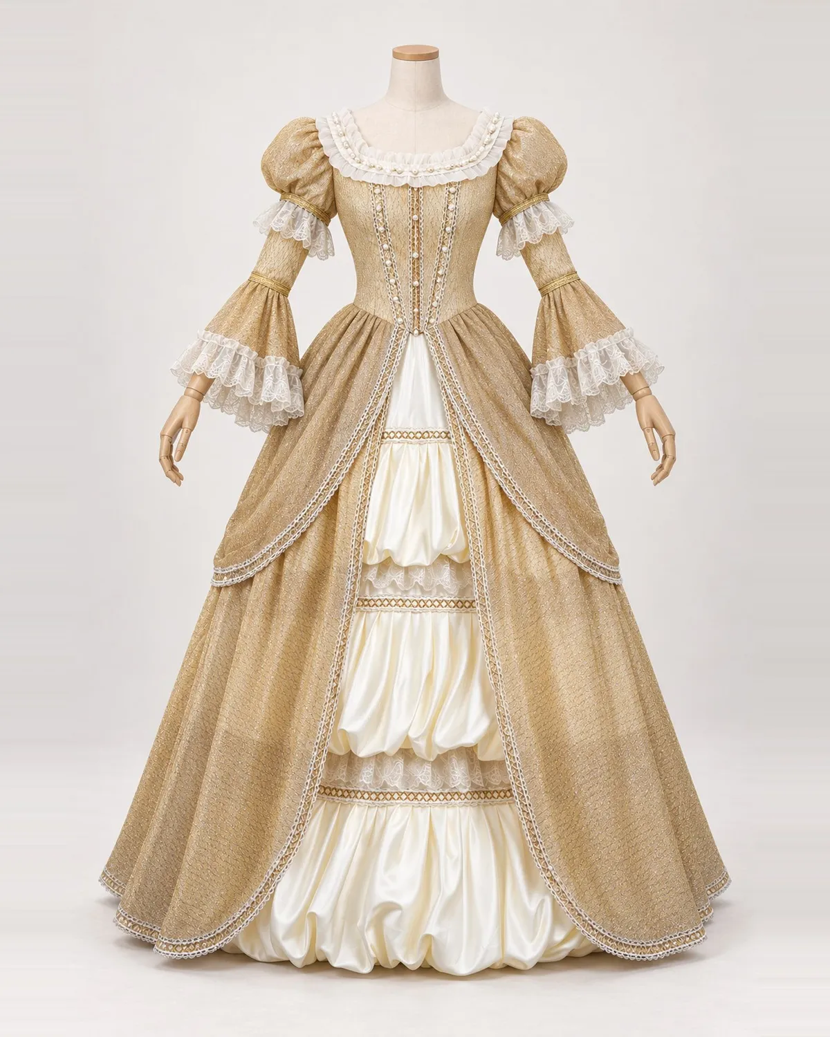 Miel de Cour — Golden Gown with Cream Gathered Front Tiers — shown on a mannequin, front product view