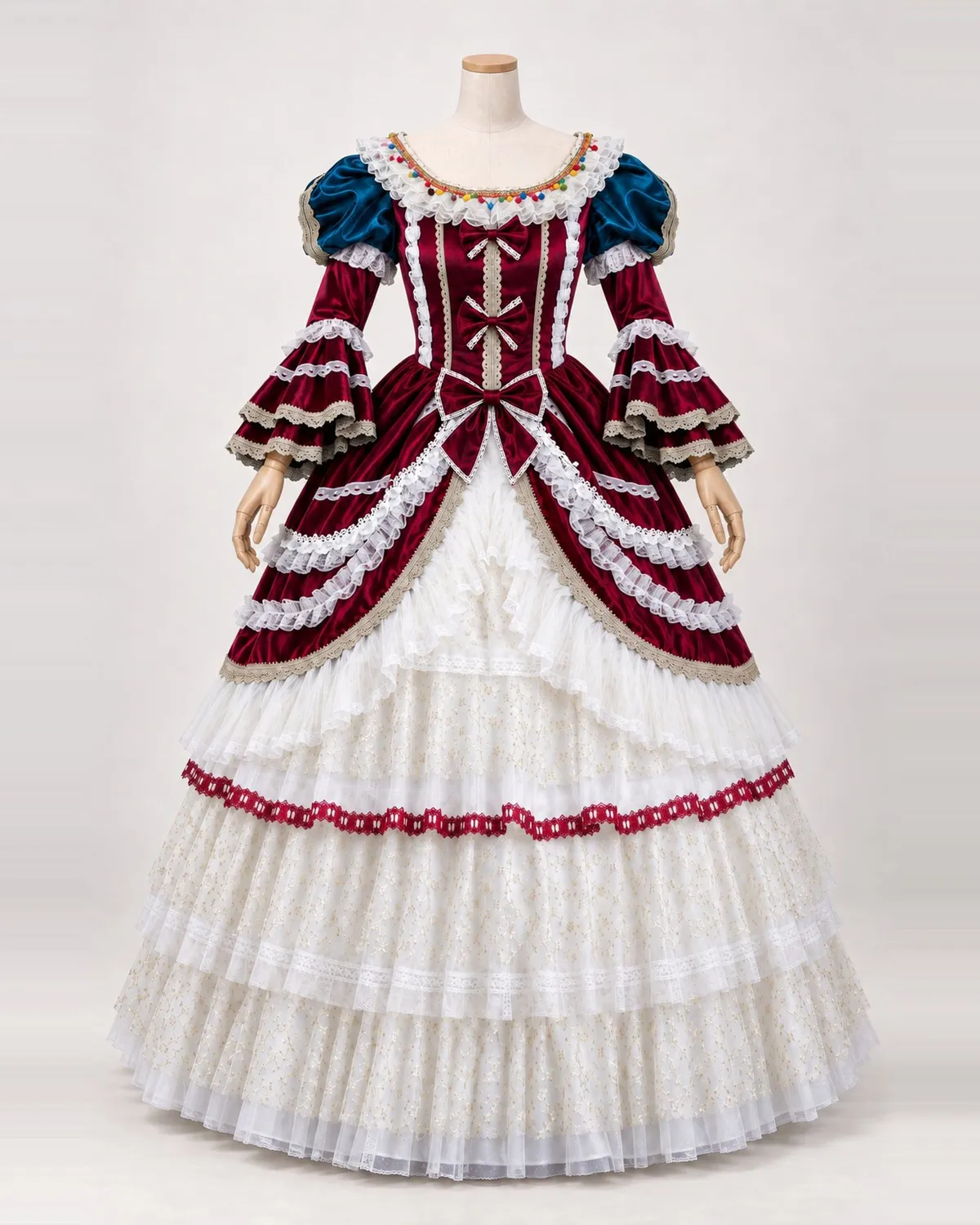 Fête Tricolore — White Tiered Gown with Red Bows and Blue Puff Sleeves — shown on a mannequin, front product view