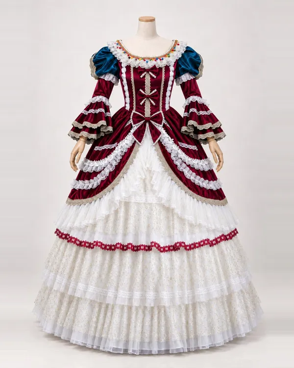 Fête Tricolore — White Tiered Gown with Red Bows and Blue Puff Sleeves