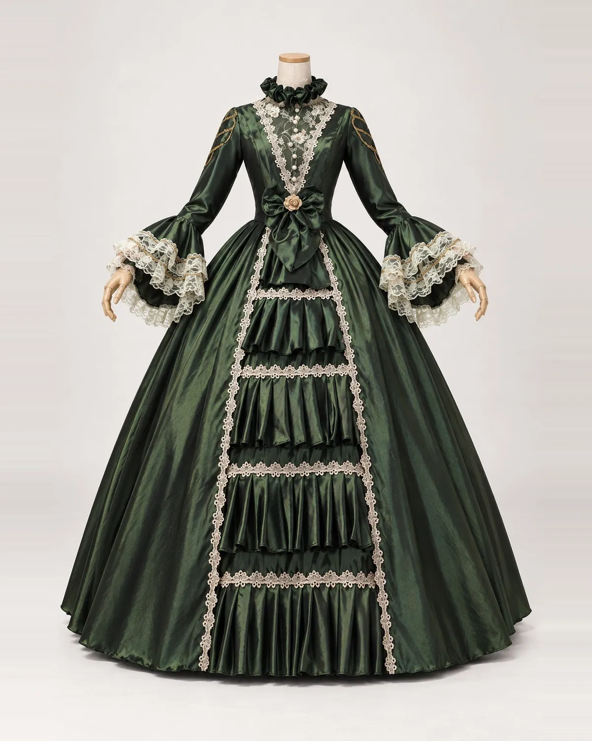 Forêt Secrète — Forest Green Satin-Look Gown with Cream Lace Tiers — shown on a mannequin, front product view