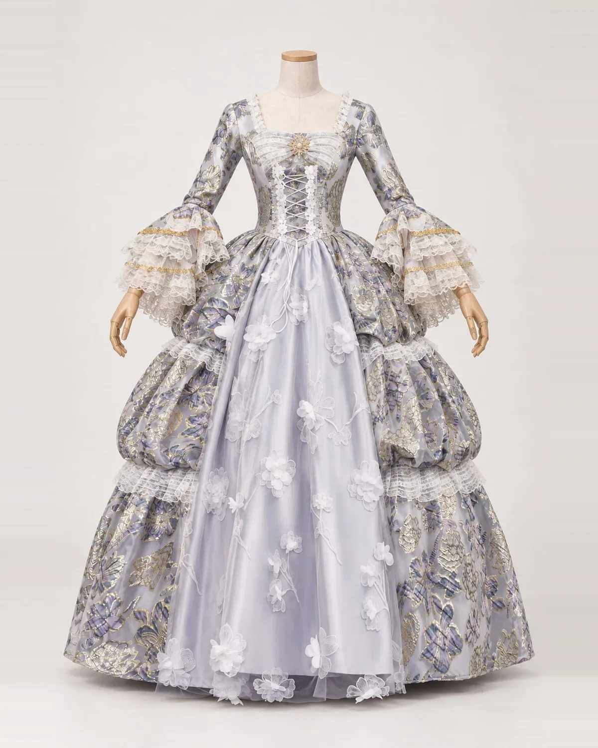 Argent Botanique — Silver Floral Gown with Laced Bodice and Gathered Side Tiers — shown on a mannequin, front product view