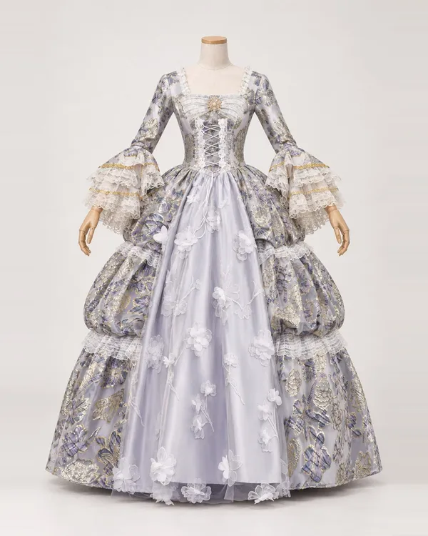 Argent Botanique — Silver Floral Gown with Laced Bodice and Gathered Side Tiers
