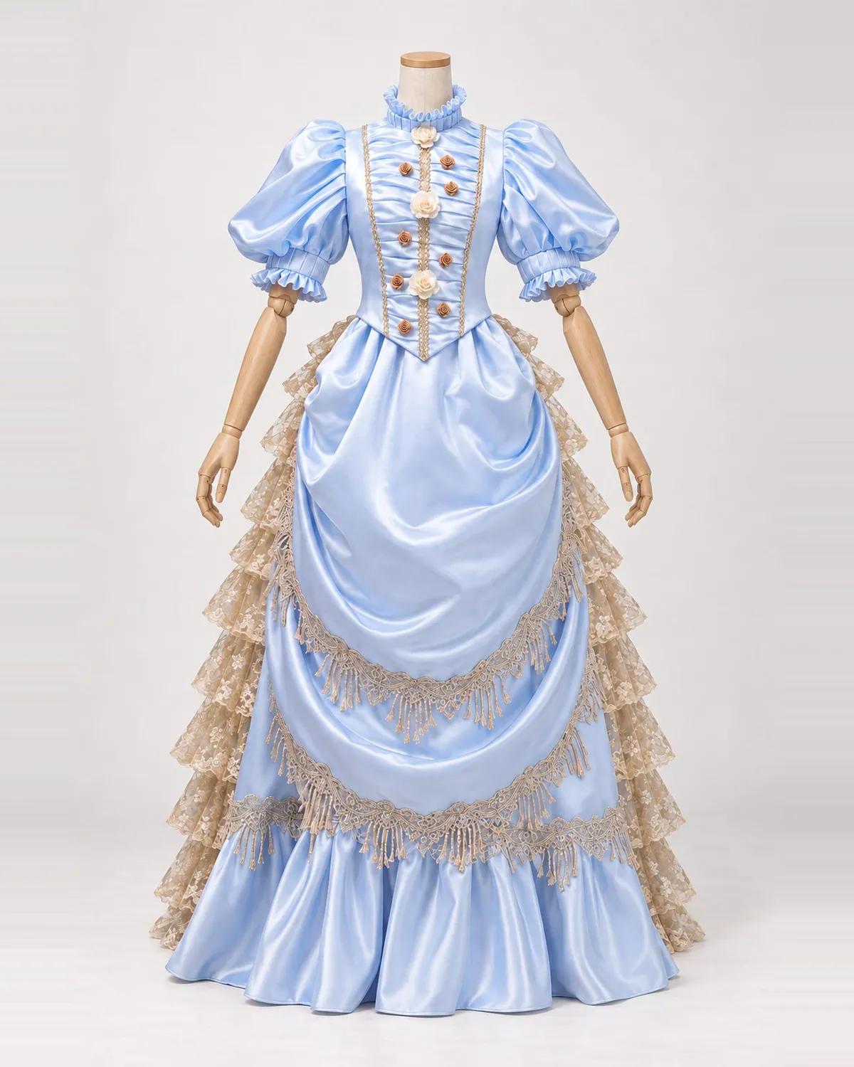 Hortense Céleste — Pale Blue Satin-Look Gown with Rosettes and Fringe — shown on a mannequin, front product view