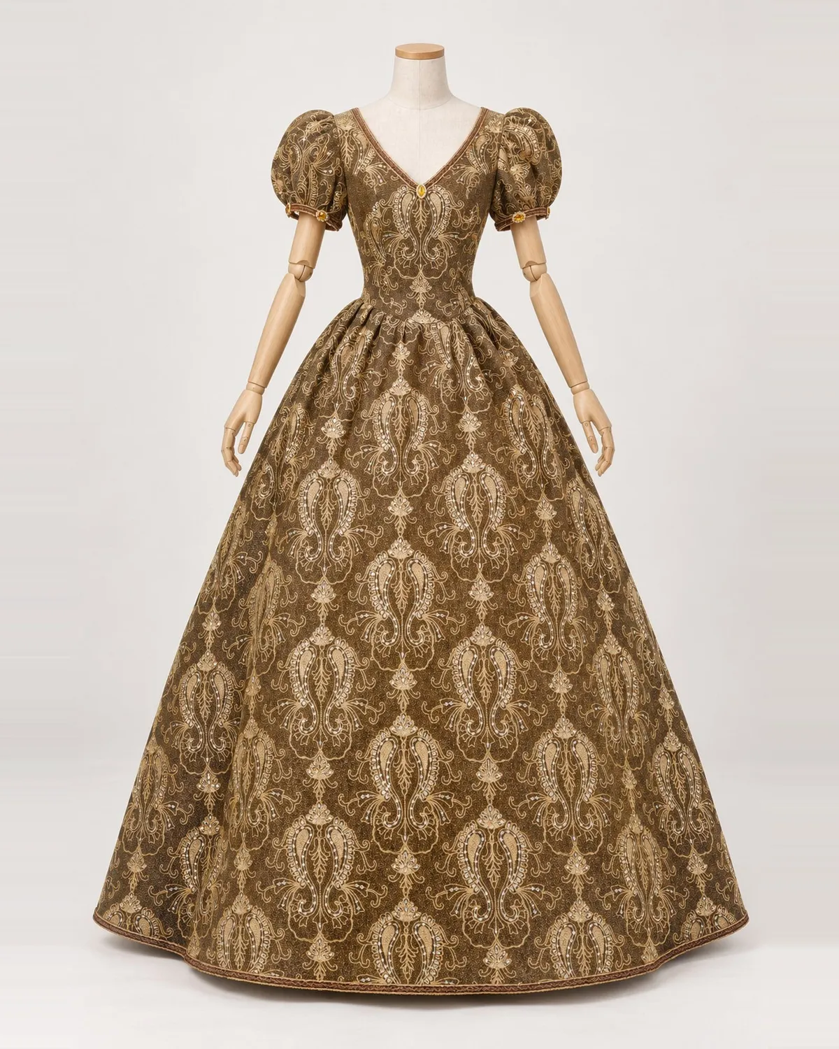Ambre Arabesque — Brown and Gold Patterned Ball Gown with Puff Sleeves — shown on a mannequin, front product view