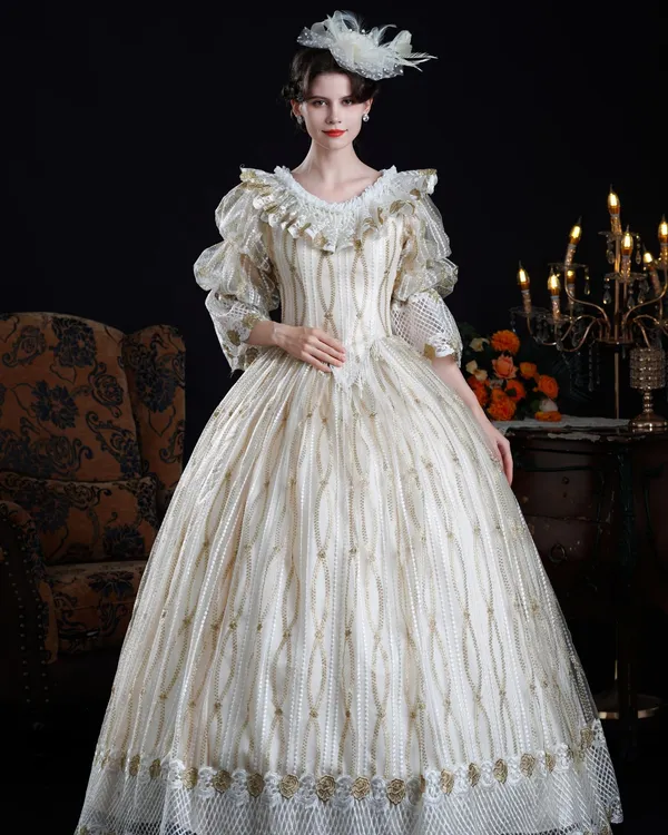Étoile Champagne — Champagne Striped Ball Gown with Gold Hem