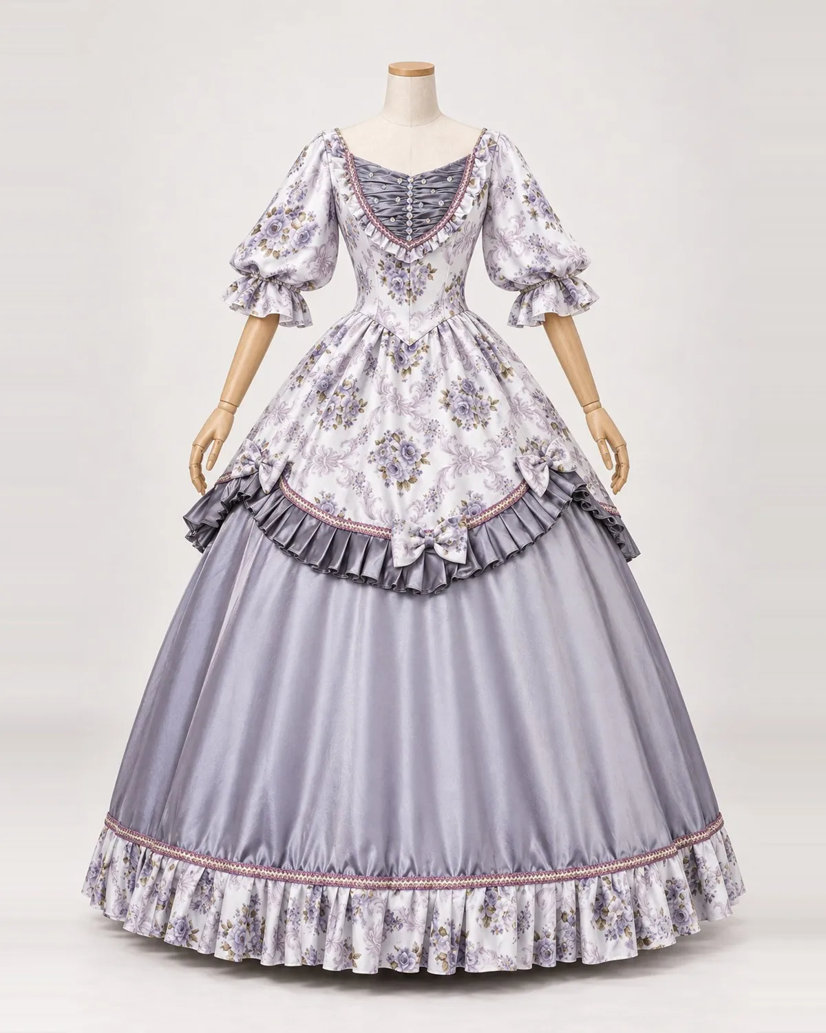 Porcelaine Mauve — Lavender Floral Gown with Grey Satin-Look Skirt — shown on a mannequin, front product view