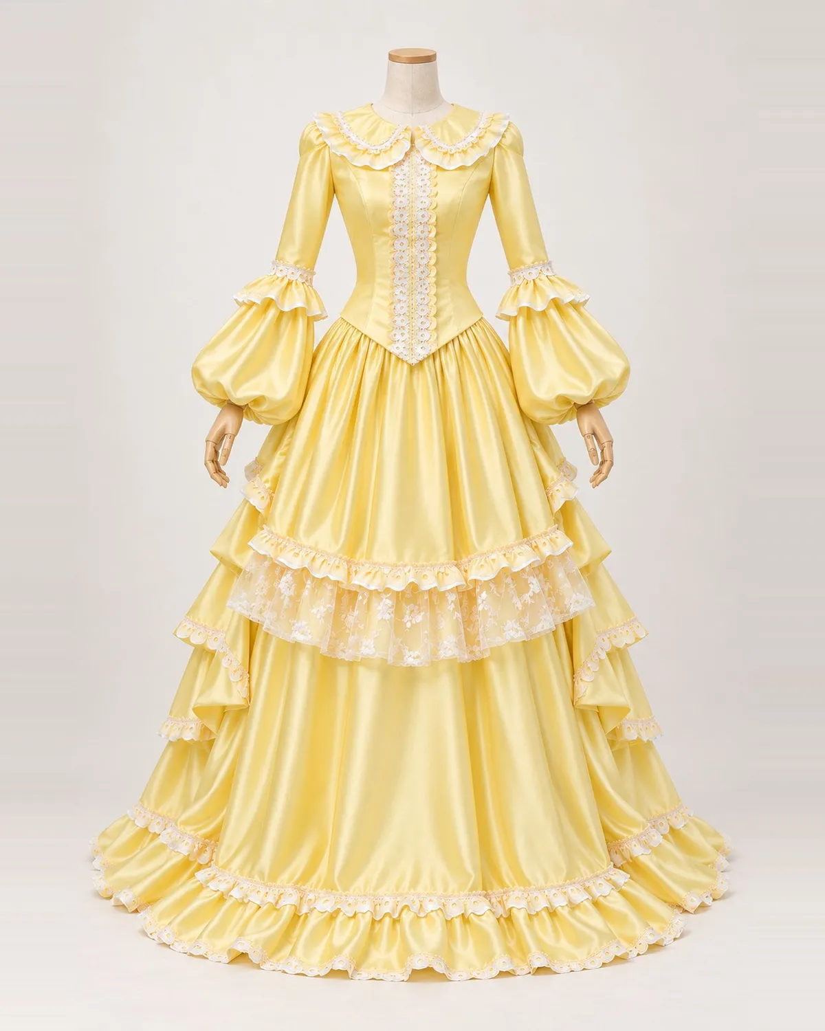 Jonquille Tendre — Yellow Satin-Look Gown with Balloon Sleeves — shown on a mannequin, front product view