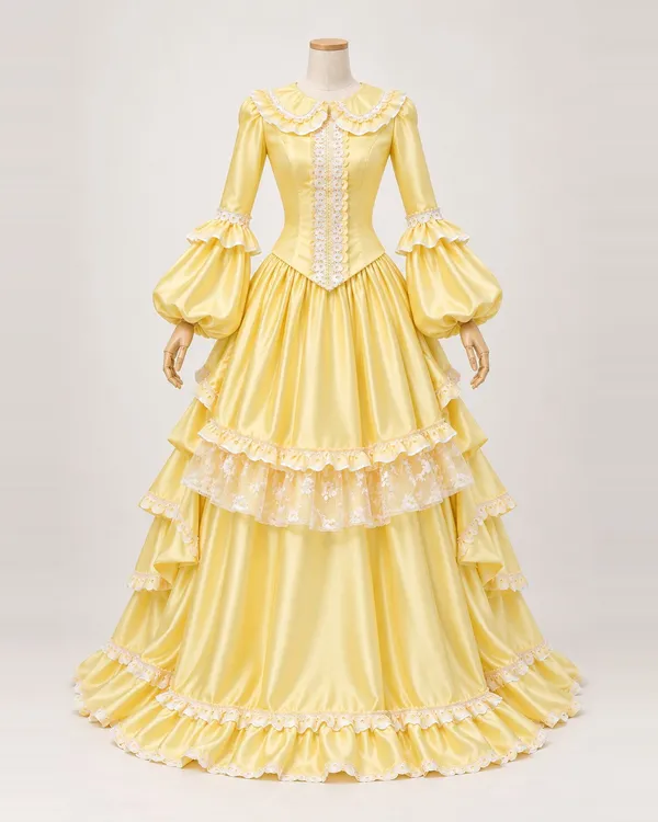 Jonquille Tendre — Yellow Satin-Look Gown with Balloon Sleeves