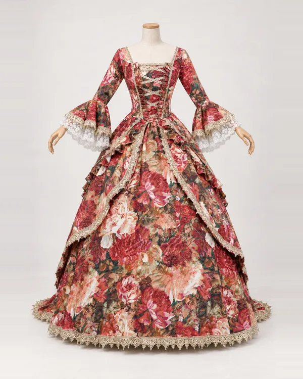 Bouquet Fauve — Red Floral Gown with Lace-Edged Overskirt