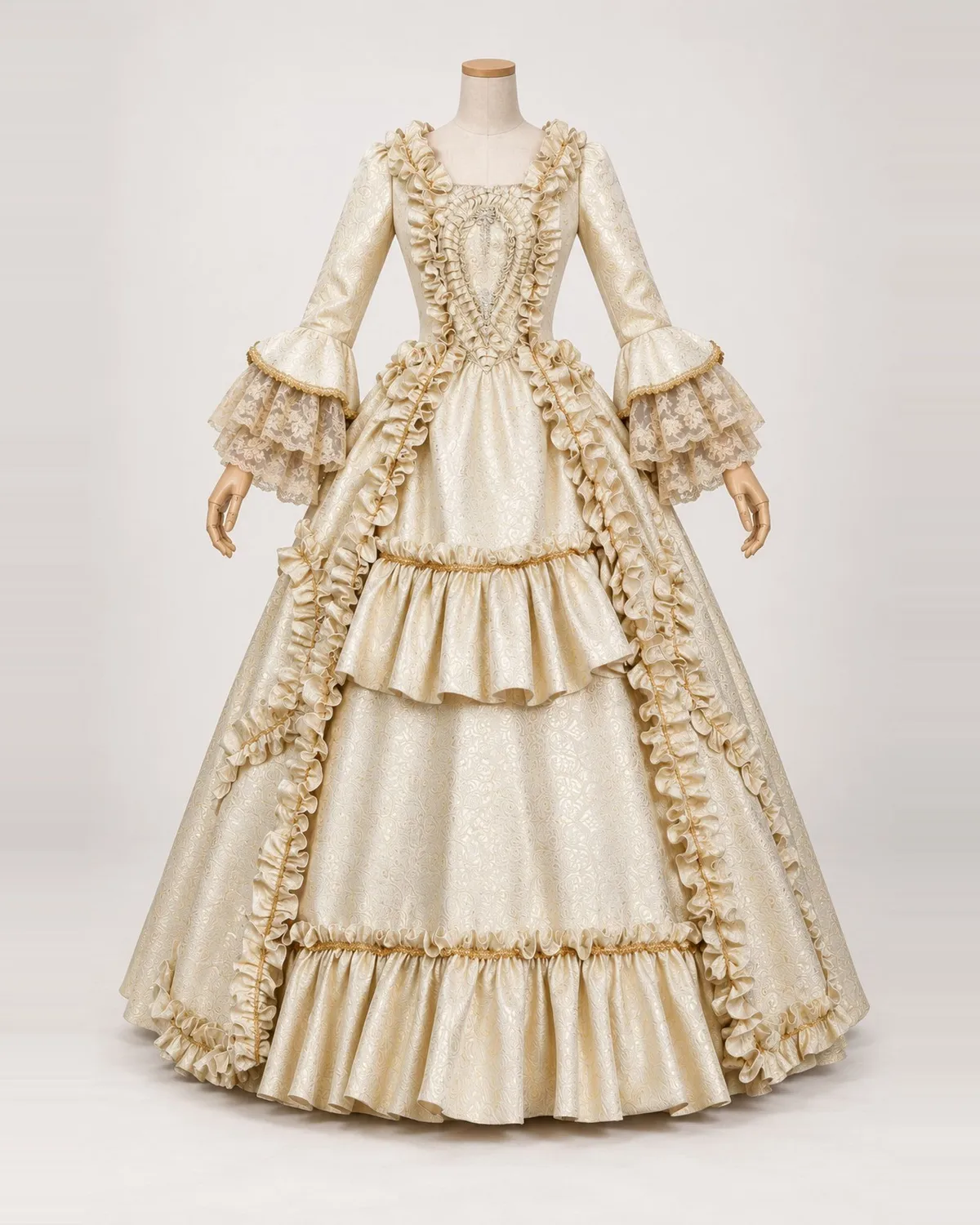 Miel Ancien — Champagne Paisley Jacquard Gown with Gathered Trim — shown on a mannequin, front product view