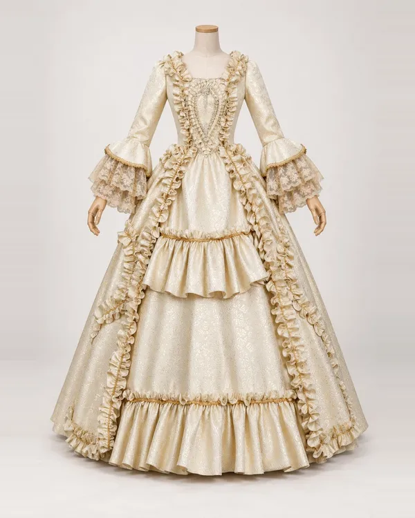 Miel Ancien — Champagne Paisley Jacquard Gown with Gathered Trim