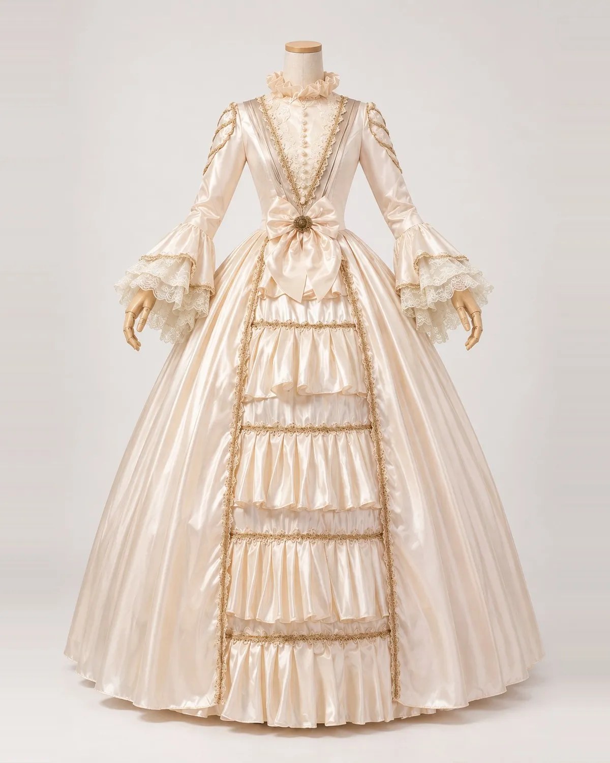 Crème de Cour — Cream Satin-Look Gown with High Collar and Gold-Edged Tiers — shown on a mannequin, front product view