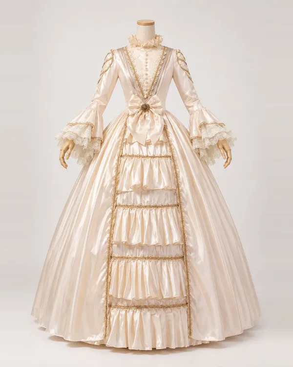 Crème de Cour — Cream Satin-Look Gown with High Collar and Gold-Edged Tiers