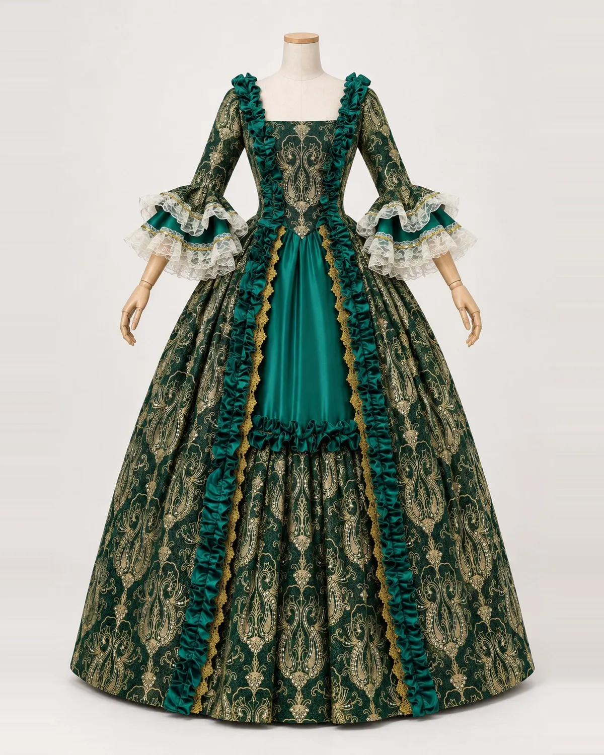 Forêt Damassée — Green and Gold Scroll-Patterned Ball Gown — shown on a mannequin, front product view