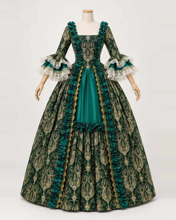 Forêt Damassée — Green and Gold Scroll-Patterned Ball Gown