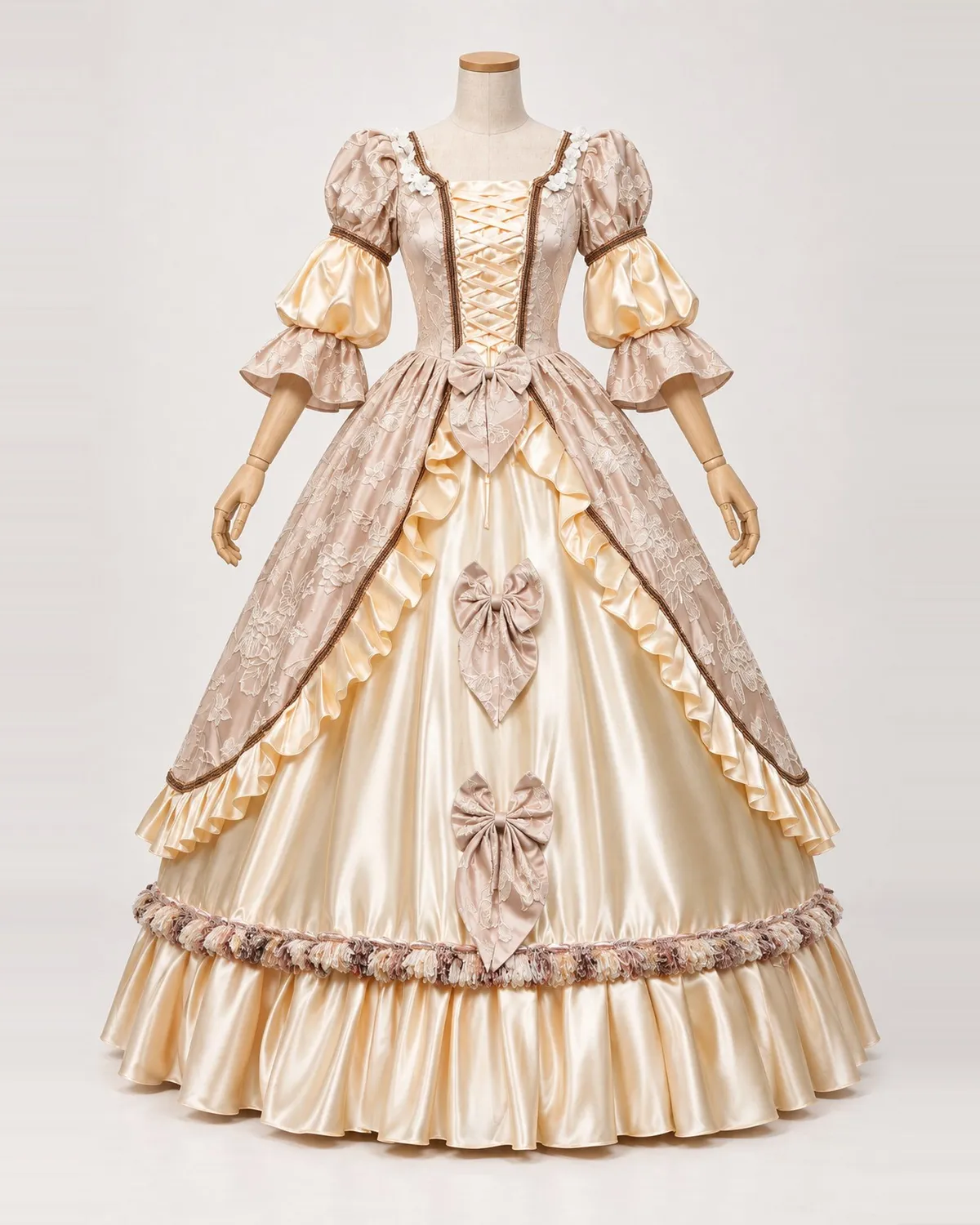 Pompadour Rosé champagne and rose ball gown on a mannequin, front product view