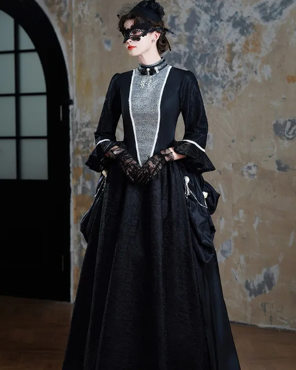 Minuit Masque — Black Victorian Bustle Gown with Silver Stomacher