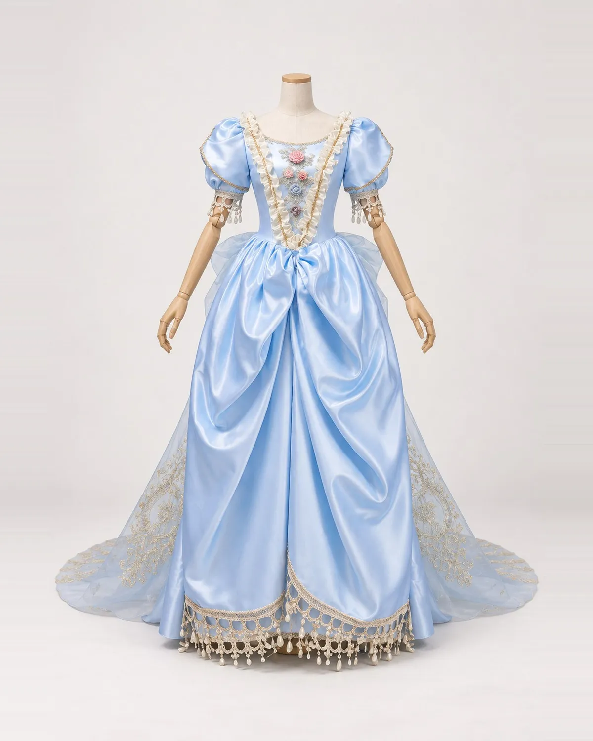 Ondine Bleue — Pale Blue Satin-Look Gown with Floral Bodice and Sheer Train — shown on a mannequin, front product view
