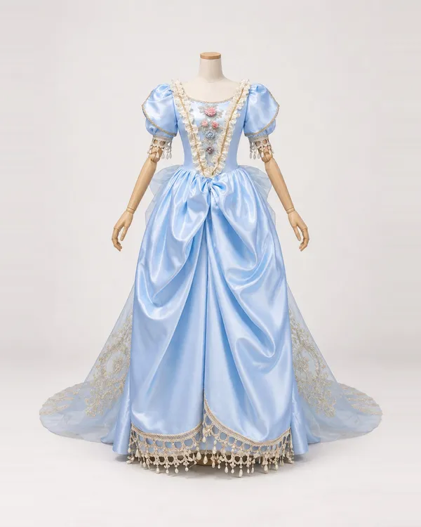 Ondine Bleue — Pale Blue Satin-Look Gown with Floral Bodice and Sheer Train