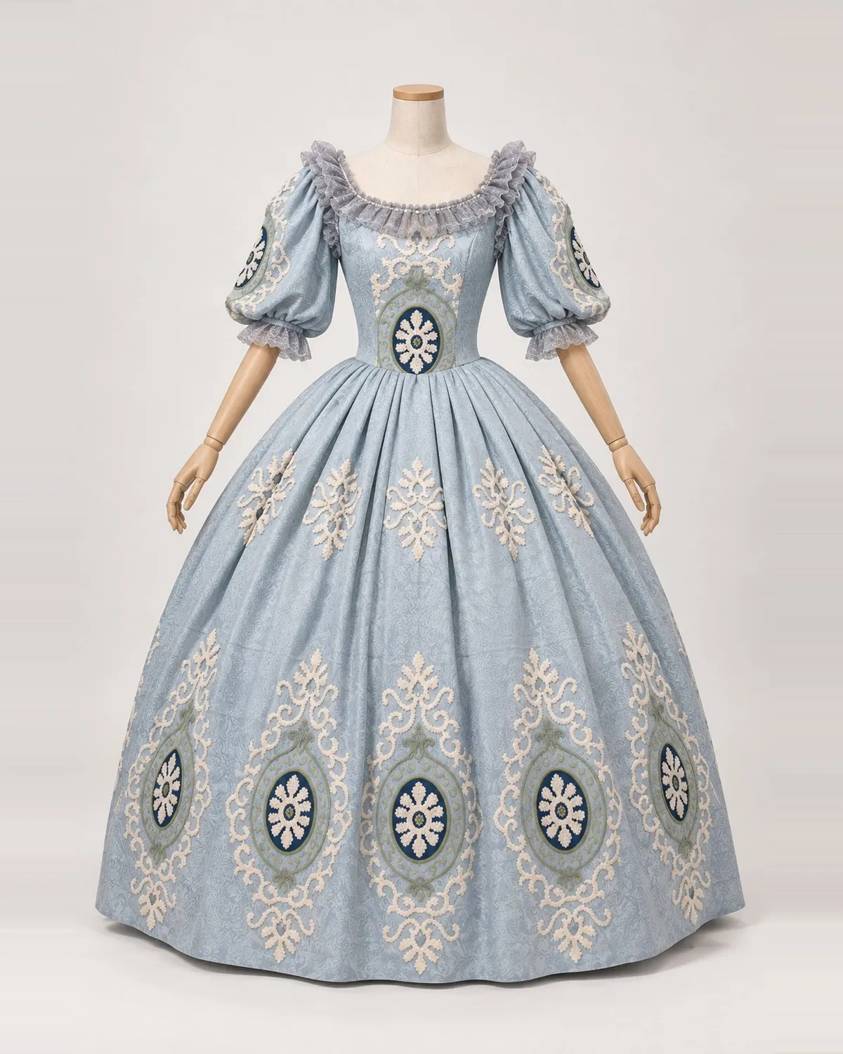 Médaillon Brumeux — Blue-Grey Patterned Ball Gown with Ivory Scrolls — shown on a mannequin, front product view