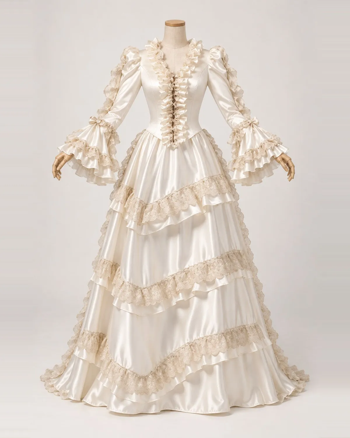 Valse Ivoire — Ivory Satin-Look Gown with Champagne Lace and Angled Flounces — shown on a mannequin, front product view