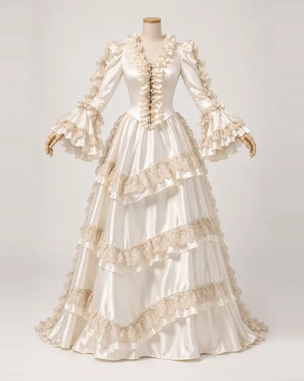 Valse Ivoire — Ivory Satin-Look Gown with Champagne Lace and Angled Flounces