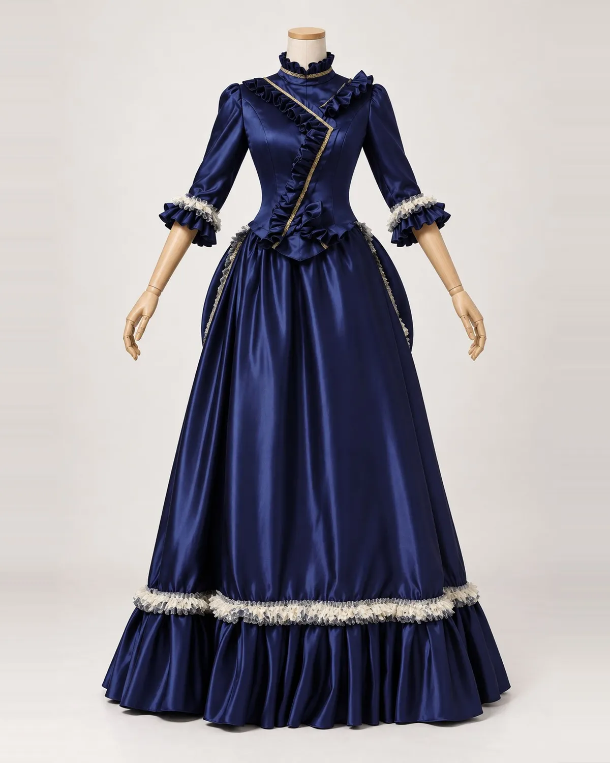 Encre Élégante — Navy Satin-Look Gown with Angled Bodice Ruffles and Cream Trim — shown on a mannequin, front product view