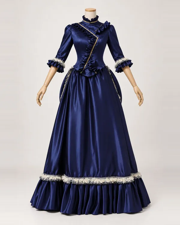 Encre Élégante — Navy Satin-Look Gown with Angled Bodice Ruffles and Cream Trim