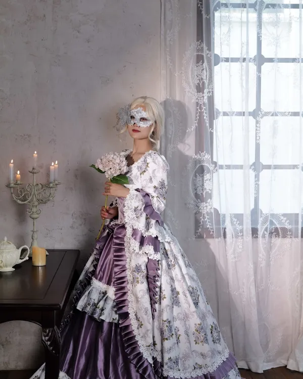 Violet Sonata — Violet Floral Rococo Gown with Ruched Satin