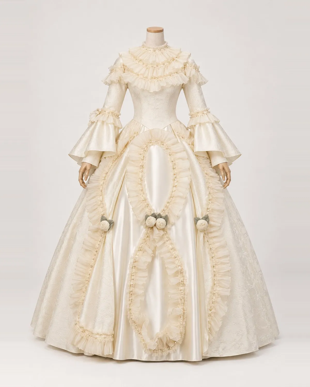 Volutes Nacrées — Cream Jacquard Ball Gown with Oval Ruffle Trim — shown on a mannequin, front product view