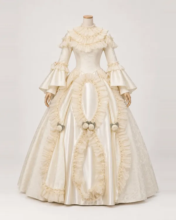 Volutes Nacrées — Cream Jacquard Ball Gown with Oval Ruffle Trim