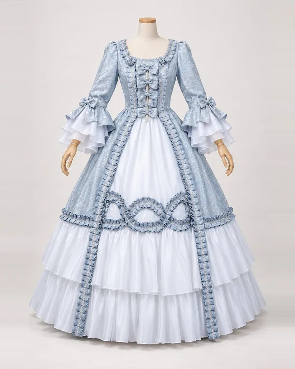 Giselle Givrée — Silver Blue Gown with Bow and Loop Trim