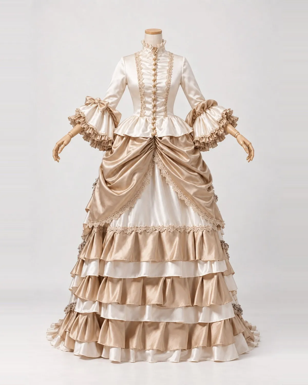 Cascade de Nacre — Champagne and Ivory Satin-Look Tiered Gown — shown on a mannequin, front product view