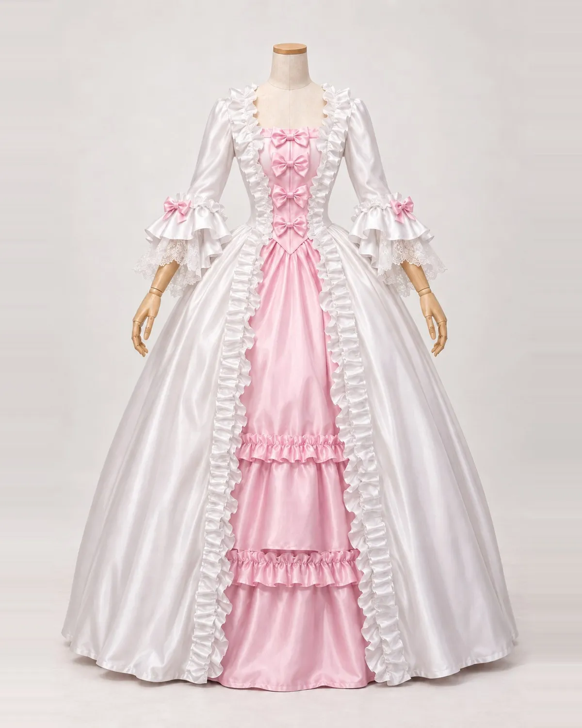 Bijou Rosé — White Satin-Look Gown with Pink Bow Bodice and Ruffled Front — shown on a mannequin, front product view